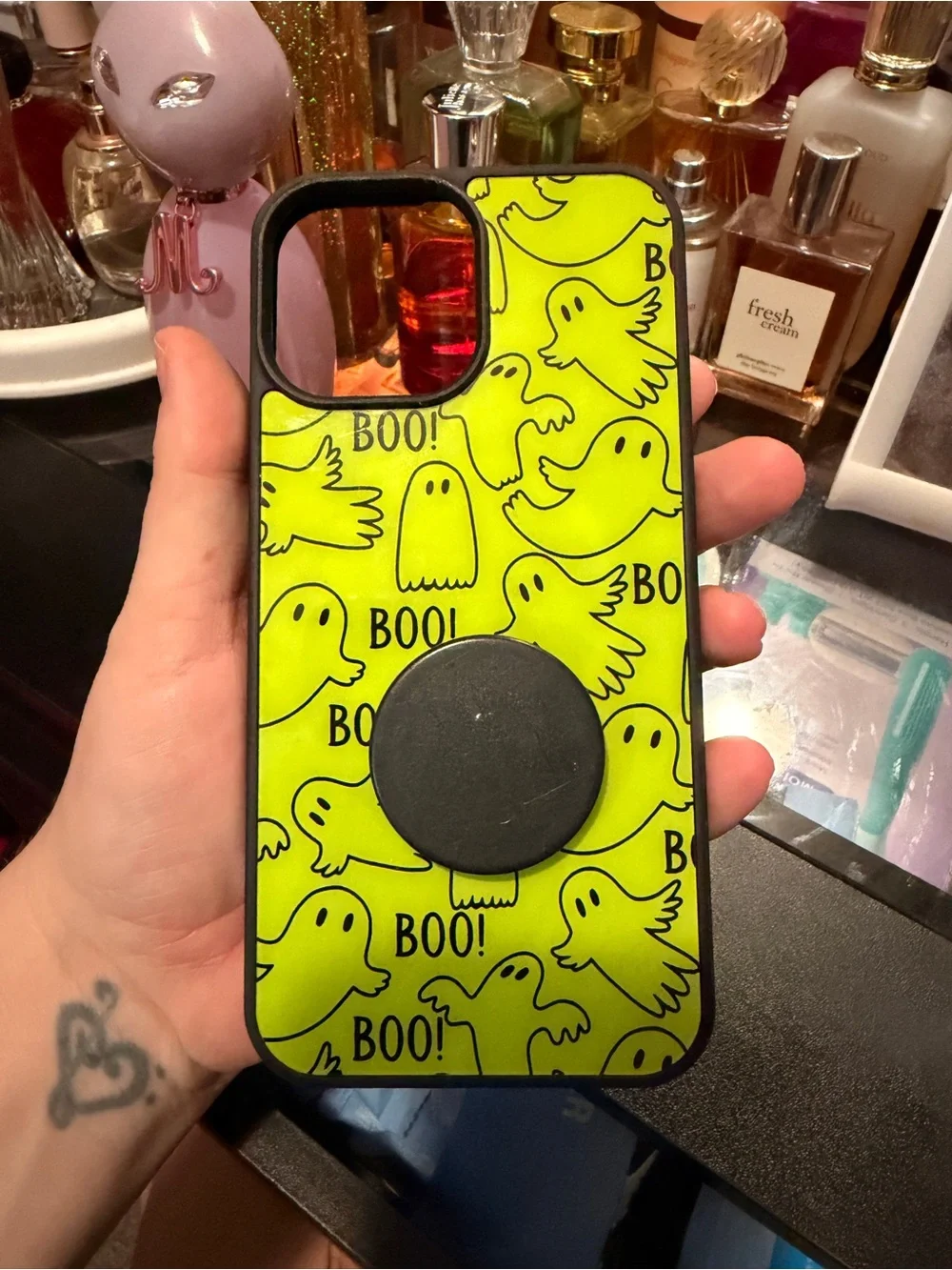 Neon Green Ghost Print Phone Case with Pop Grip by Pink Sky iPhone 13pro max